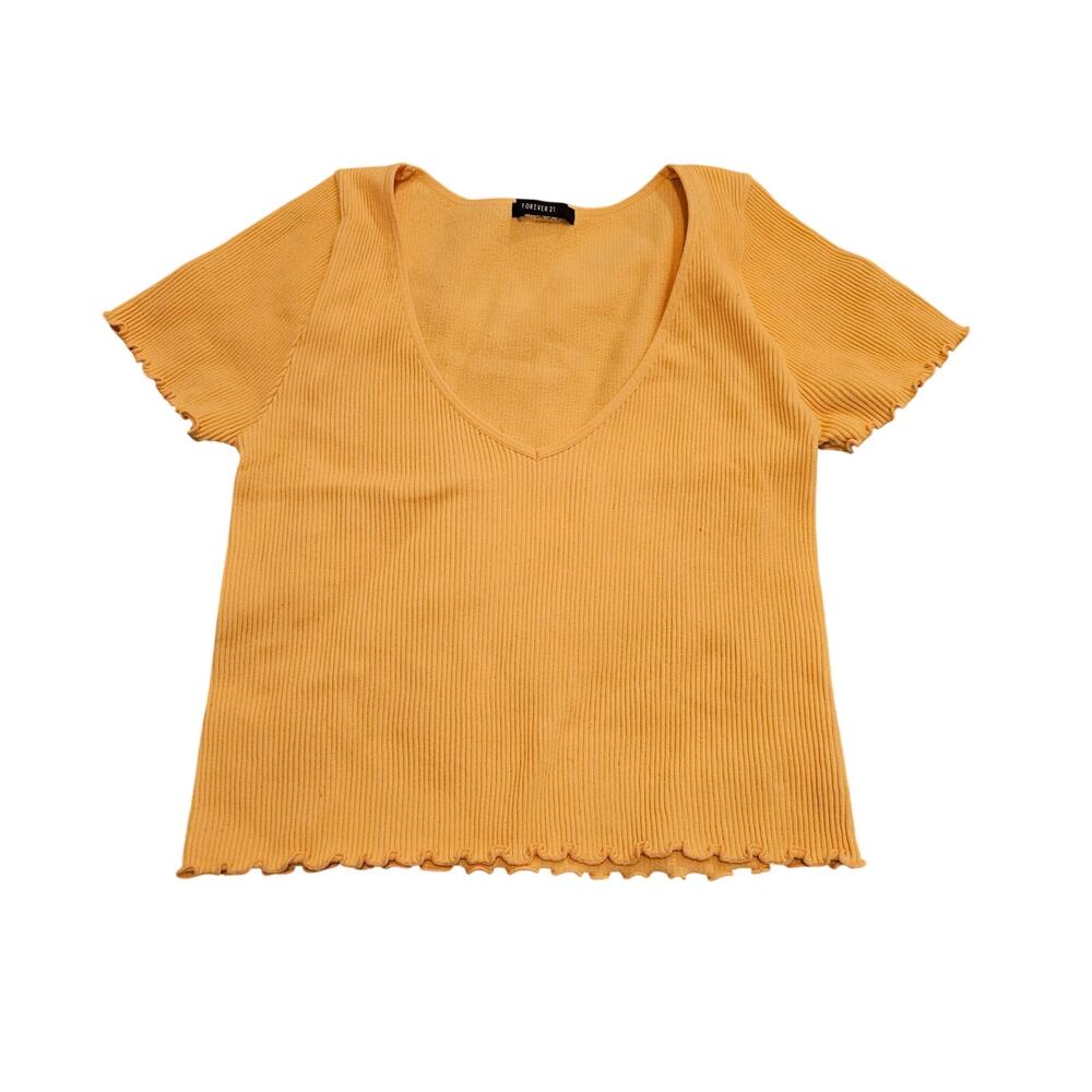Forever 21 Yellow Ribbed Knit Top Womens Small Short Sleeve Lettuce Hem Y2K